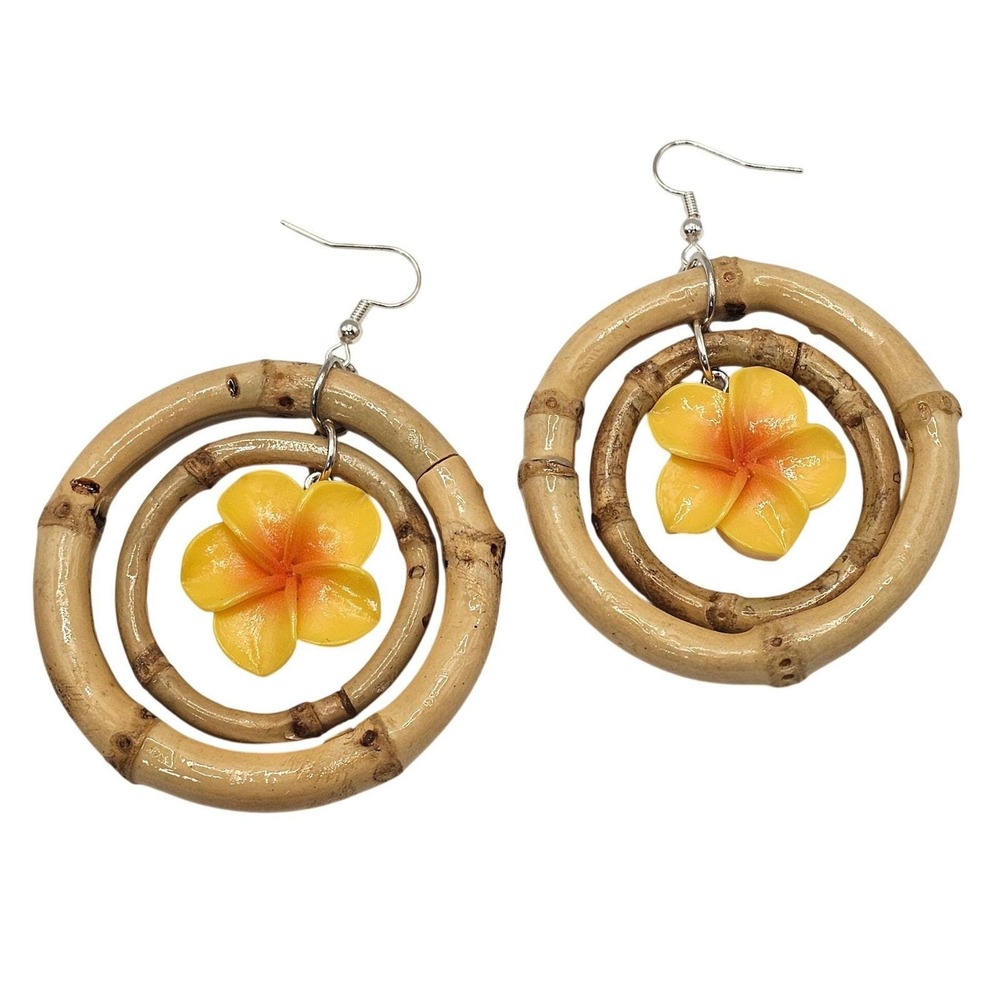 Double Bamboo Hoop Earrings Yellow Plumeria Flower Tiki‎ Hawaiian Retro Dangle